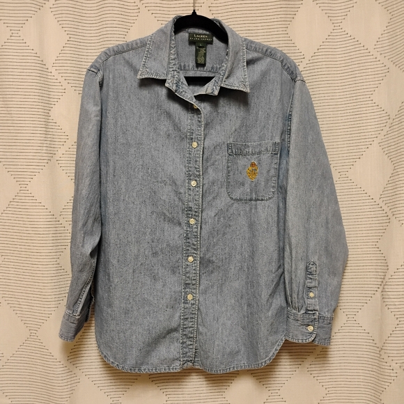 Vintage Ralph Lauren Light Blue Denim Button-Down Shirt Chest Pocket Mens Large